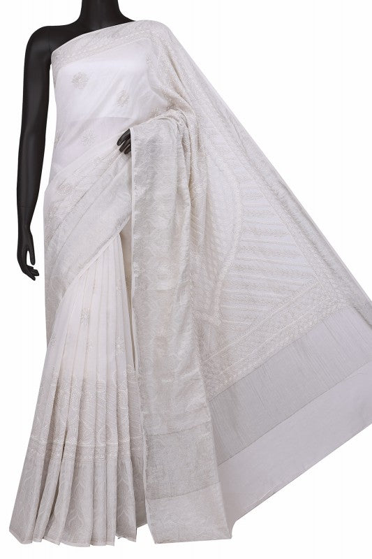 Ada Hand Embroidered White Chanderi Lucknowi Chikankari Saree with Blouse A612062