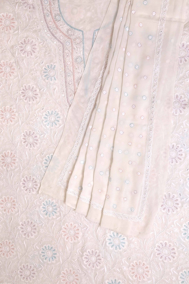 Ada Hand Embroidered White Pure Georgette Lucknowi Chikan Unstitched Kurta Dupatta Set With Pearl & Sequinnned Work-A453585