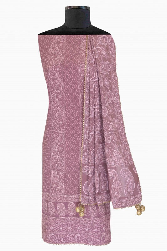 Ada Hand Embroidered Mauve Georgette Lucknowi Chikan Unstitched Kurta Dupatta Set A567447