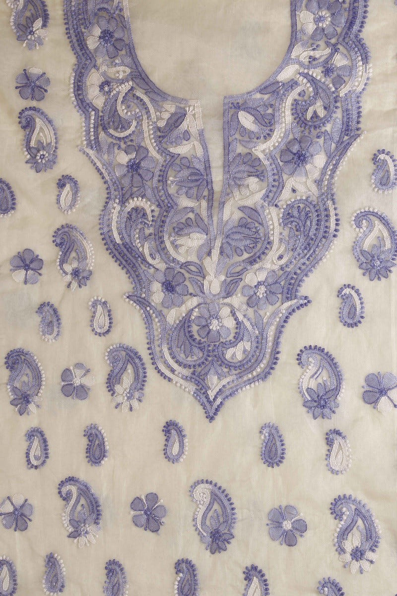 Ada Hand Embroidered Cream Organza Lucknowi Chikan Unstitched Kurta Dupatta Set -A586569