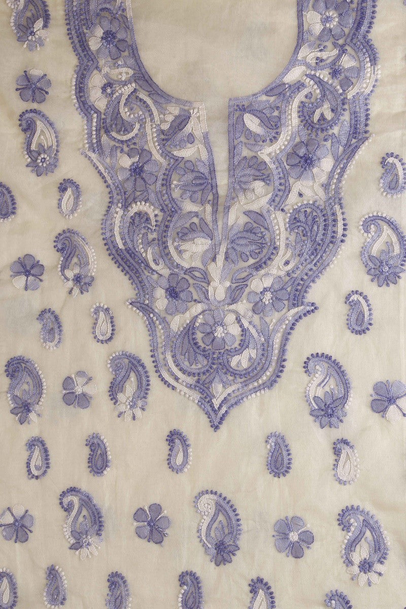 Ada Hand Embroidered Cream Organza Lucknowi Chikan Unstitched Kurta Dupatta Set -A586569