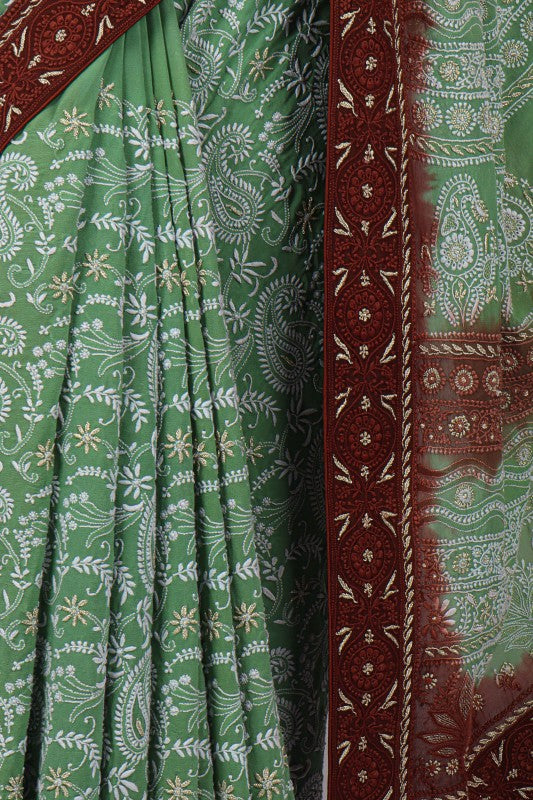 Ada Hand Embroidered Green Dual Shade Pure Georgette Lucknow Chikan Saree/Blouse with Gota Patti Work A50140