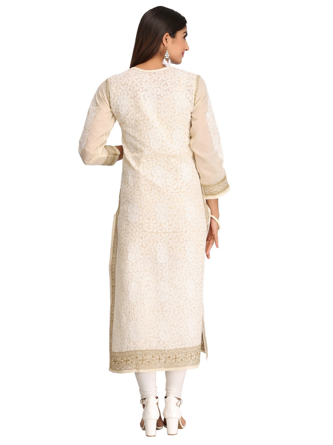 Ada Hand Embroidered Beige Cotton Lucknowi Chikankari Straight Kurta A253964