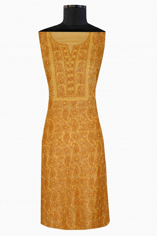 Ada Hand Embroidered Mustard Tusser Silk Lucknowi Chikan Unstitched Suit Piece-A508216
