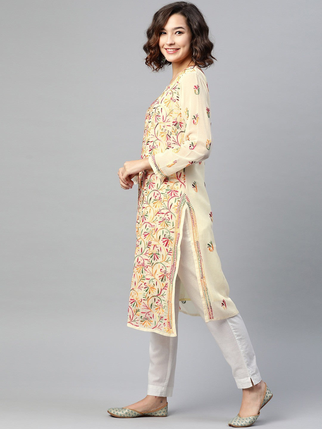 Ada Hand Embroidered Fawn Georgette Lucknowi Chikankari Straight Kurta With Slip A90318