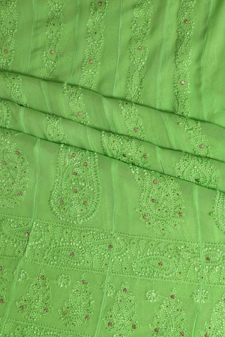 Ada Hand Embroidered Parrot Green Georgette Lucknowi Chikankari Semi-Stitched Anarkali Kurta Dupatta Set With Muqaish Work A619753