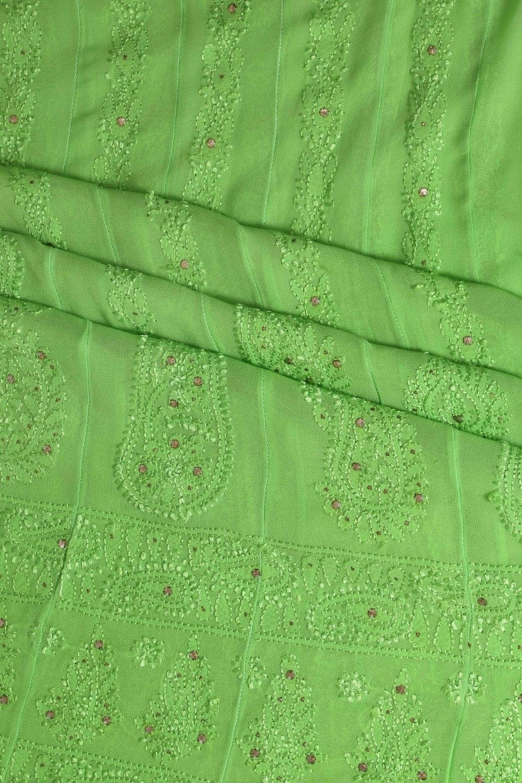 Ada Hand Embroidered Parrot Green Georgette Lucknowi Chikankari Semi-Stitched Anarkali Kurta Dupatta Set With Muqaish Work A619753