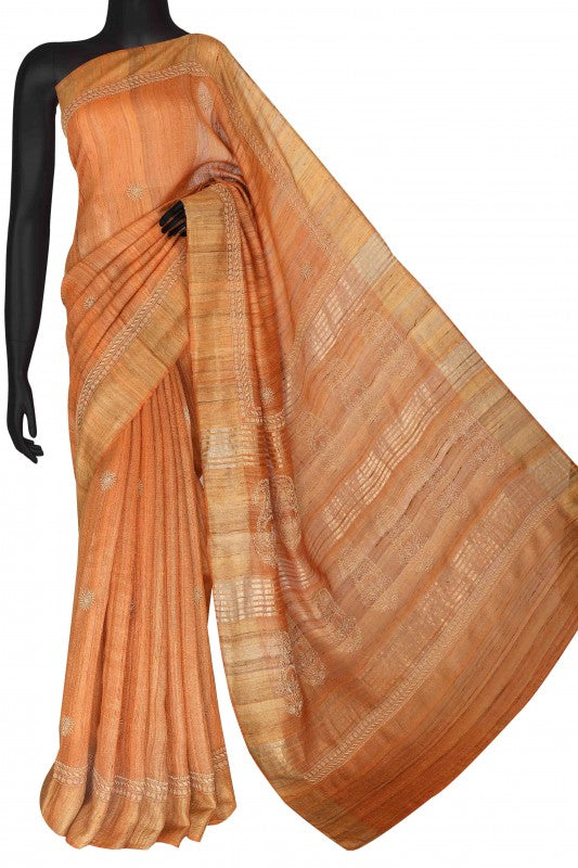Ada Hand Embroidered Rust Chanderi Lucknowi Chikankari Saree With Blouse A581559