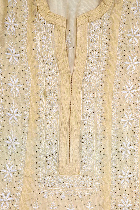 Ada Hand Embroidered Fawn Chanderi Lucknowi Chikan Unstitched Kurta Dupatta Set A145986