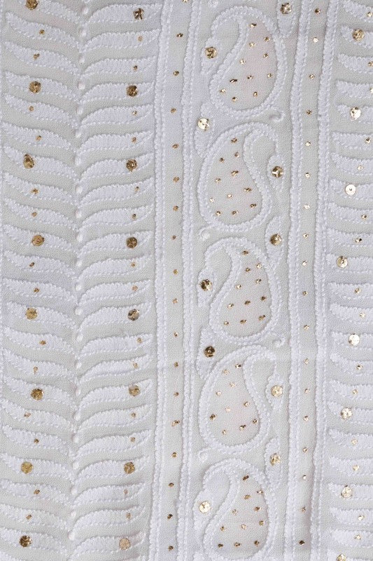 Ada Hand Embroidered White Georgette Chikan Unstitched Kurta Piece With Muqaish Work A501617
