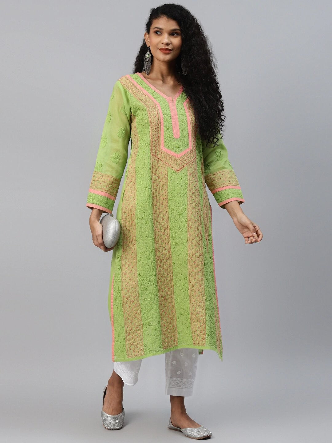Ada Hand Embroidered Green Cotton Lucknow Chikan Kurta-A272661