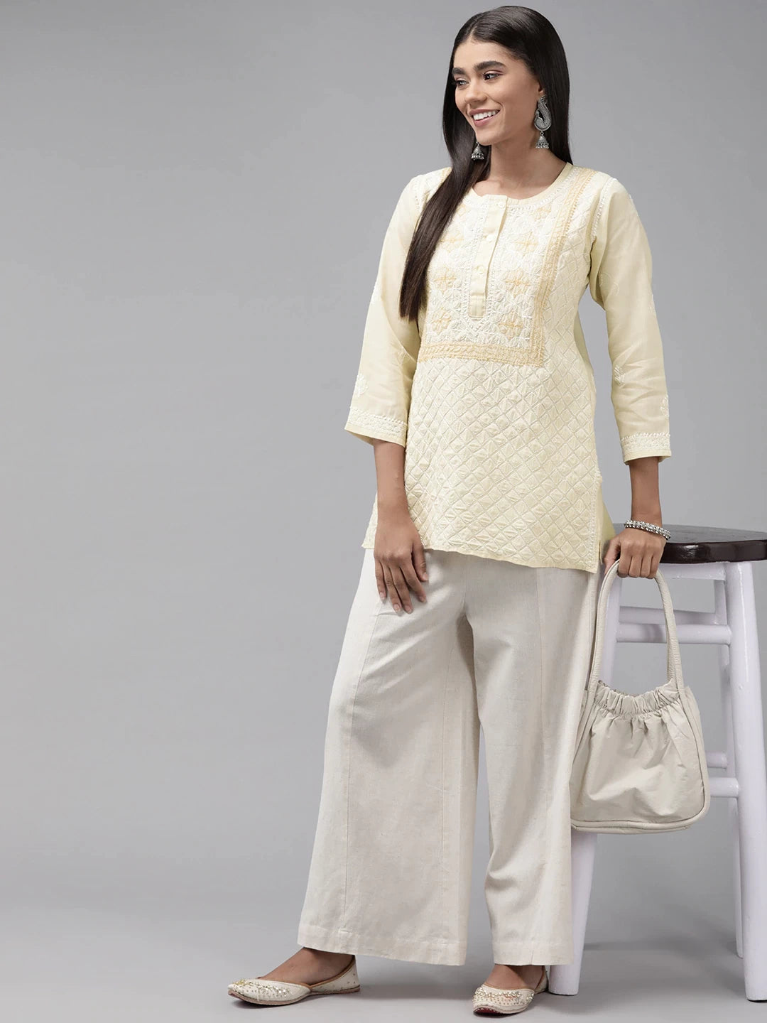 Ada Hand Embroidered Fawn Cotton Lucknowi Chikankari Straight  Kurti A911239