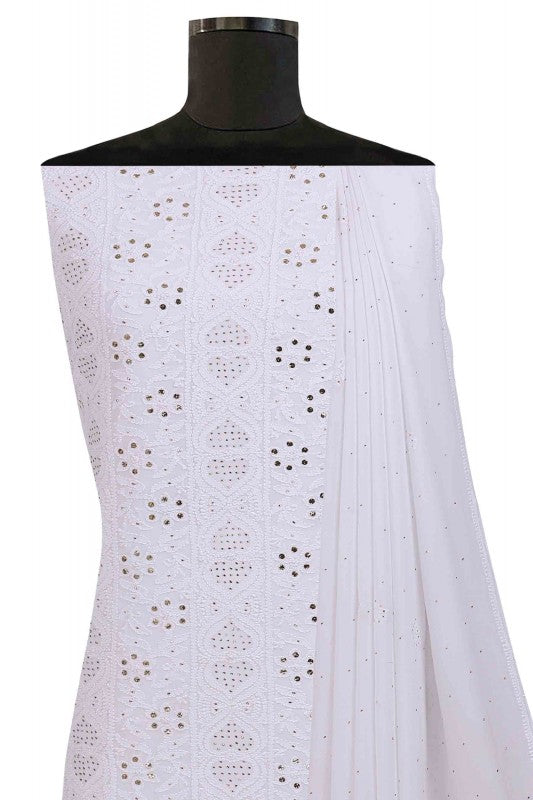 Ada Hand Embroidered White Georgette Lucknowi Chikan Unstitched Kurta Dupatta Set With Muqaish Work A621534