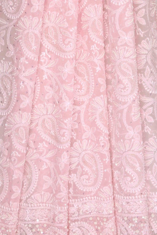 Ada Hand Embroidered Pink Pure Georgette Lucknowi Chikankari Dupatta with Pearl Work - A612181
