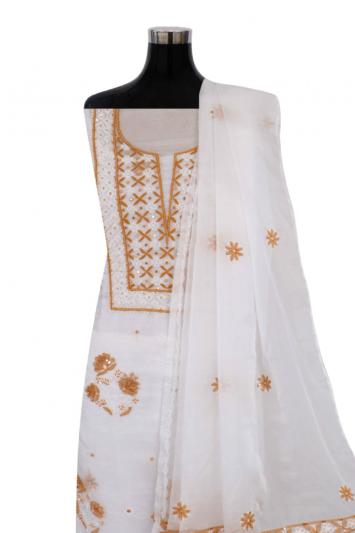 Ada Hand Embroidered White Organza Lucknowi Chikankari Unstitched Kurta Dupatta Set With Pearl Work 01A91594