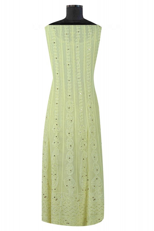 Ada Hand Embroidered Lemon Georgette Lucknowi Chikankari Semi-Stitched Anarkali Kurta Dupatta Set With Muqaish Work A607089