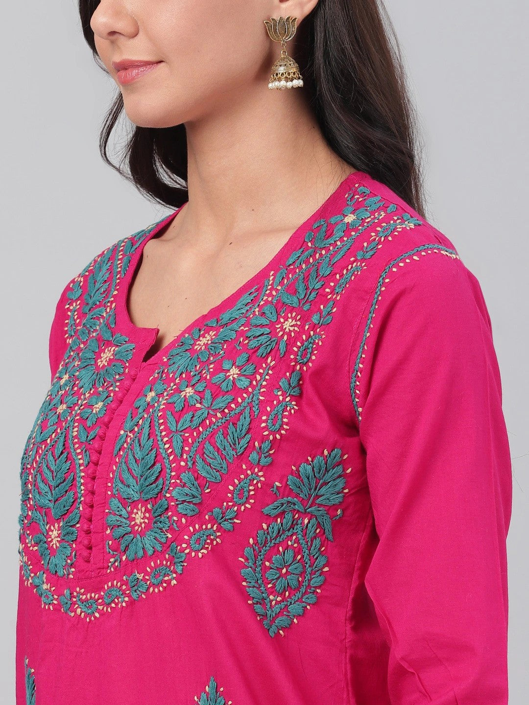 Ada Hand Embroidered Magenta Cotton Lucknow Chikankari Straight Kurta A411489
