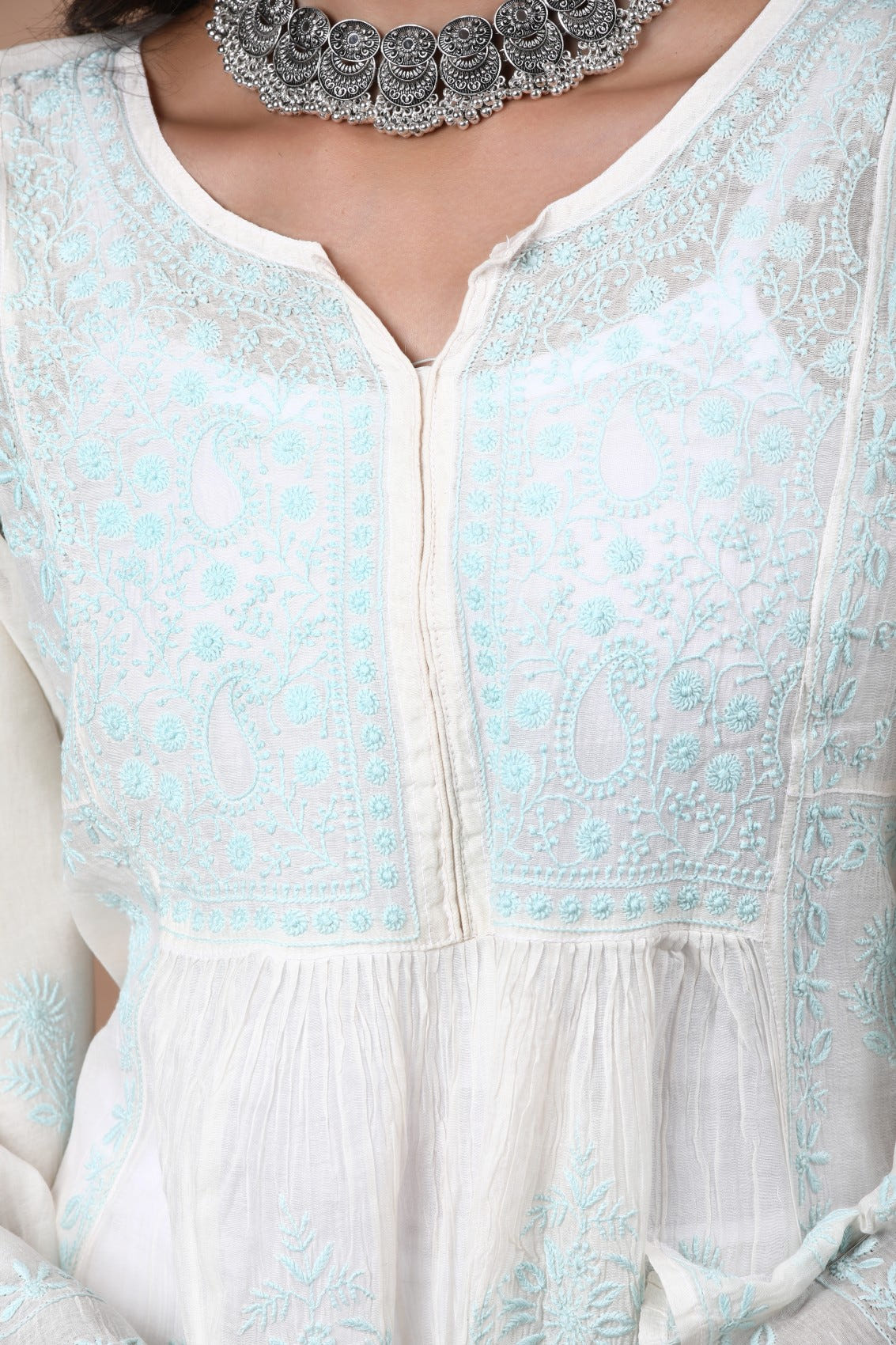 Ada Hand Embroidered Cream Chanderi Lucknowi Chikankari Semi-stitched Anarkali Kurta Dupatta Set 01A268037