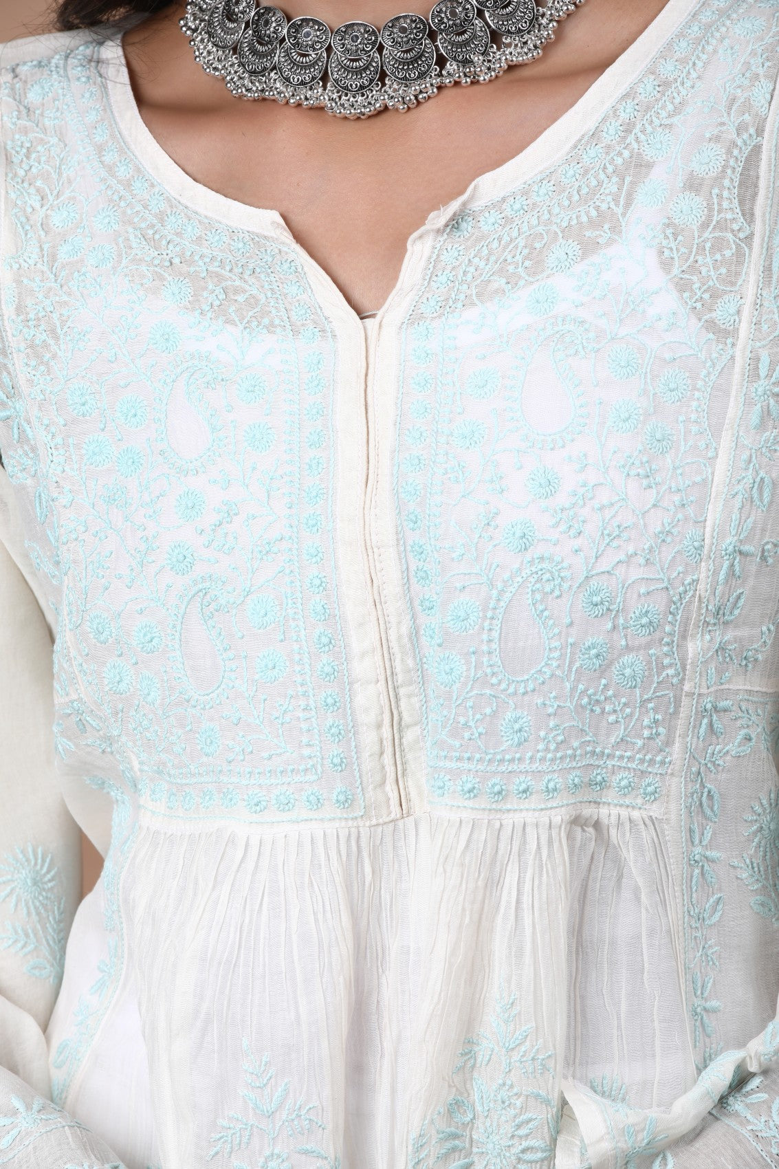 Ada Hand Embroidered Cream Chanderi Lucknowi Chikankari Semi-stitched Anarkali Kurta Dupatta Set 01A268037
