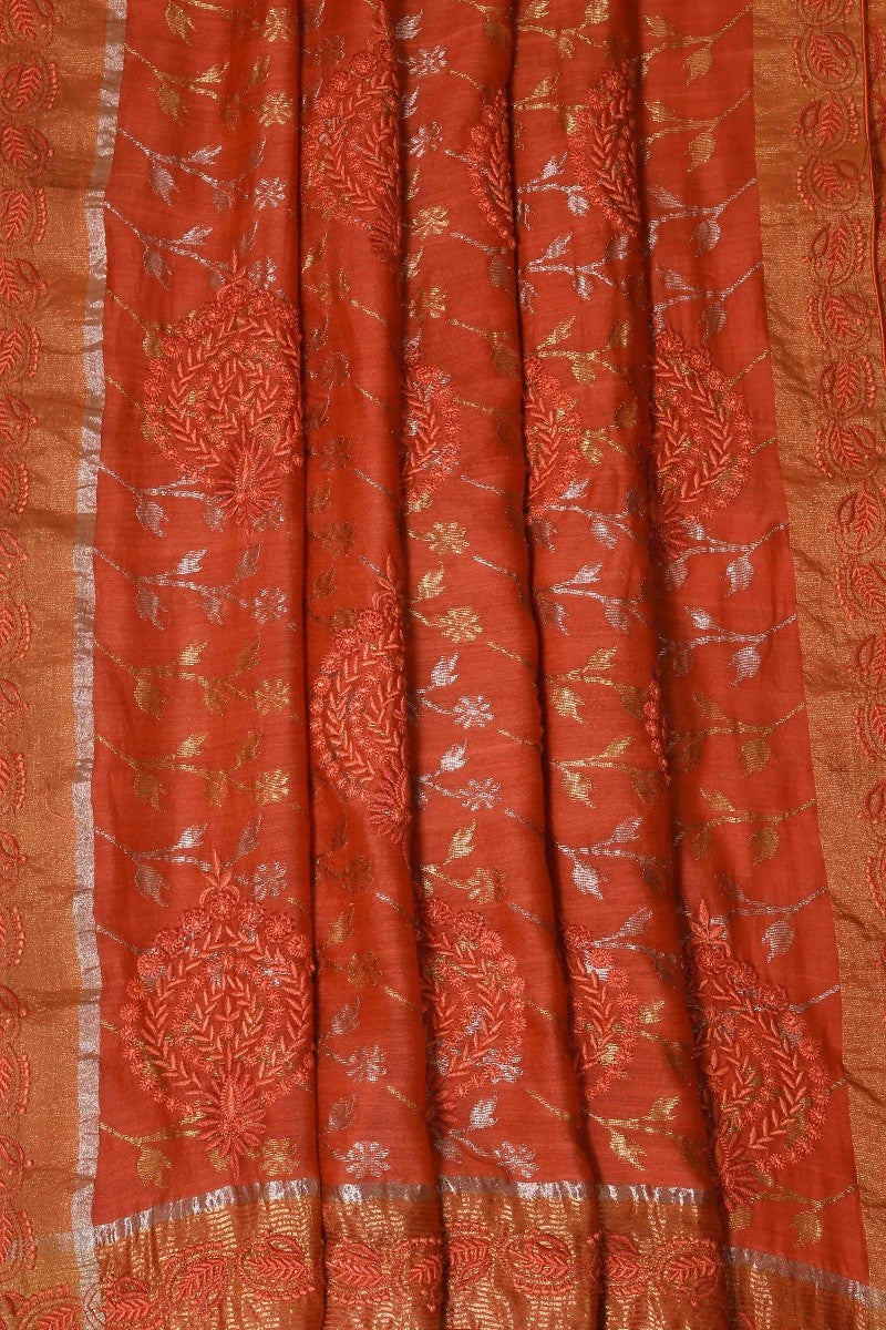 Ada Hand Embroidered Rust Chanderi Lucknowi Chikankari Saree With Blouse A291932