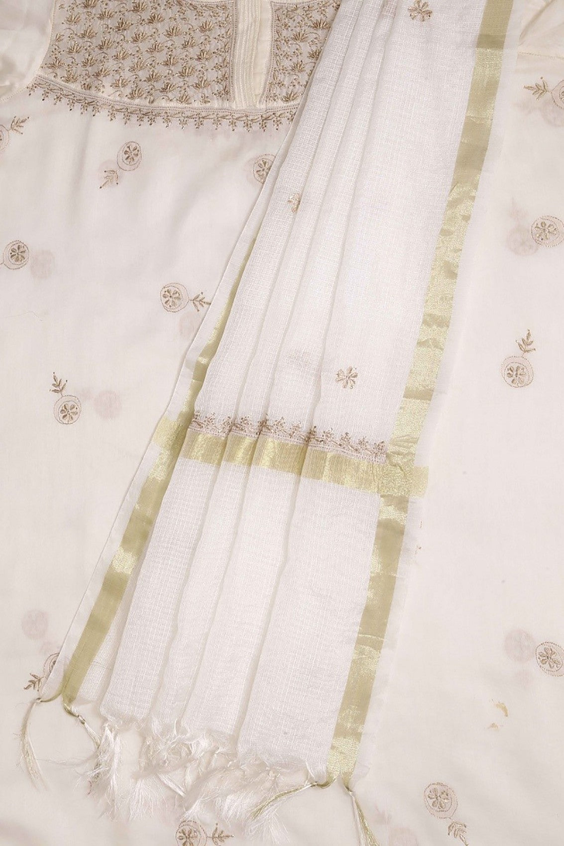 Ada Hand Embroidered Cream Chanderi Lucknowi Chikankari Semi-stitched Kurta Dupatta Set With Muqaish Work A623442