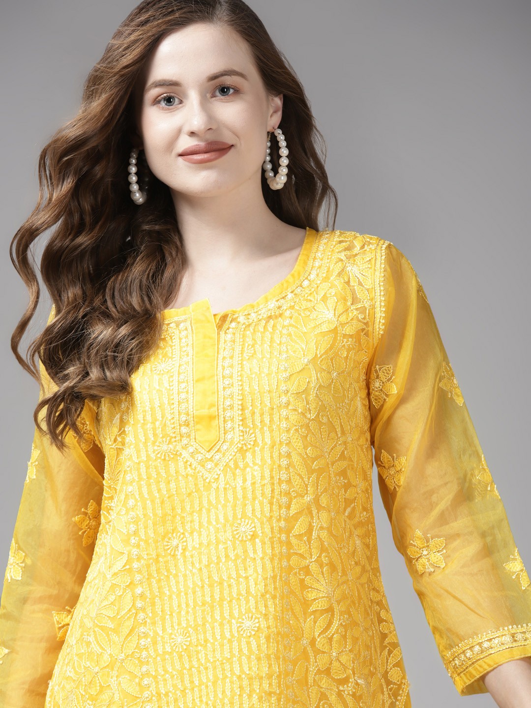 Ada Hand Embroidered Yellow Organza Lucknow Chikan Kurti With Slip-A911162
