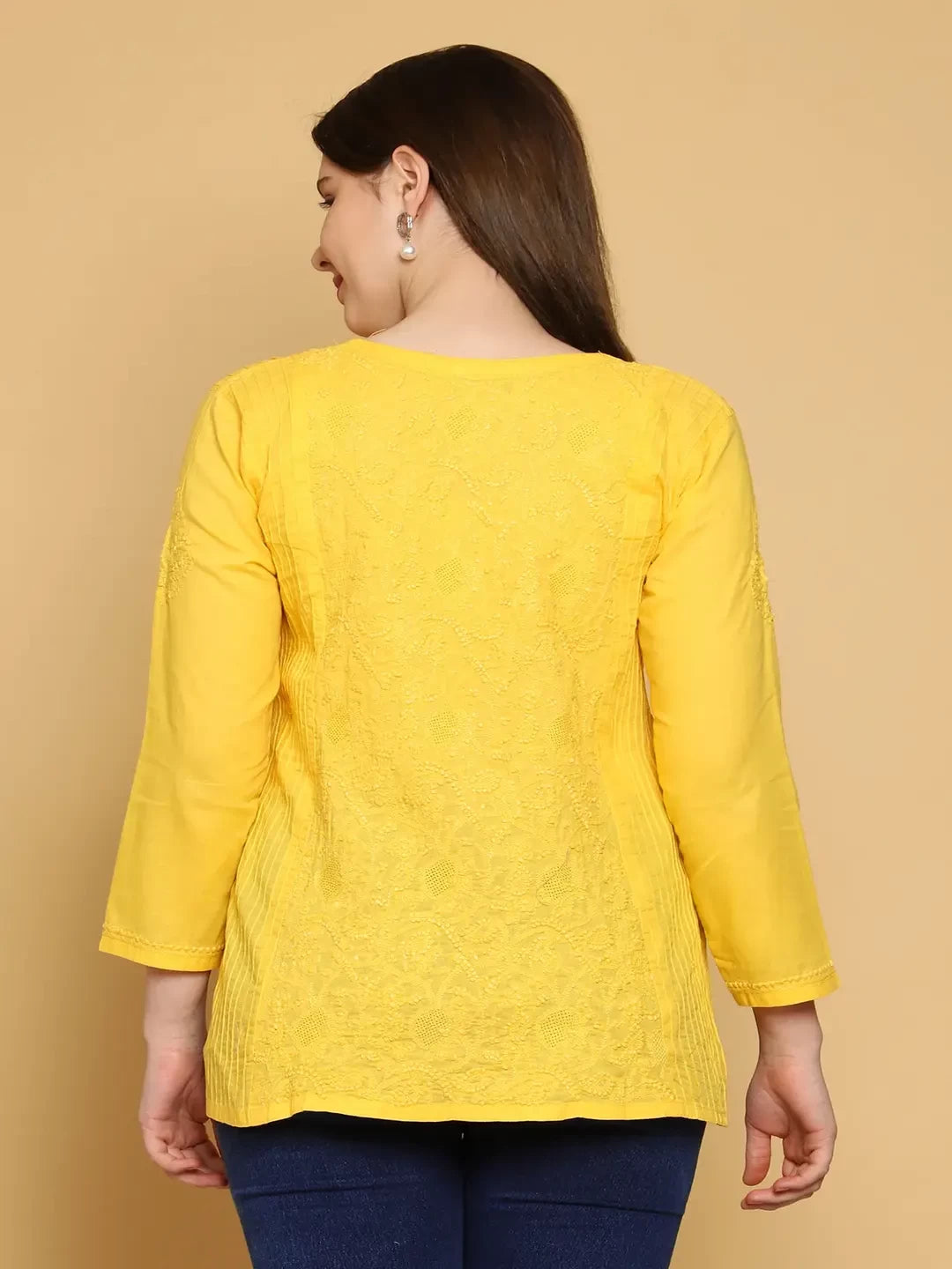 Ada Hand Embroidered Yellow Cotton Lucknowi Chikankari Straight Kurti A911309