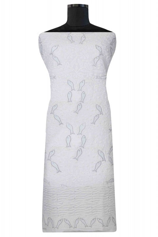 Ada Hand Embroidered White Cotton Lucknowi Chikan Unstitched Kurta Piece- A31763