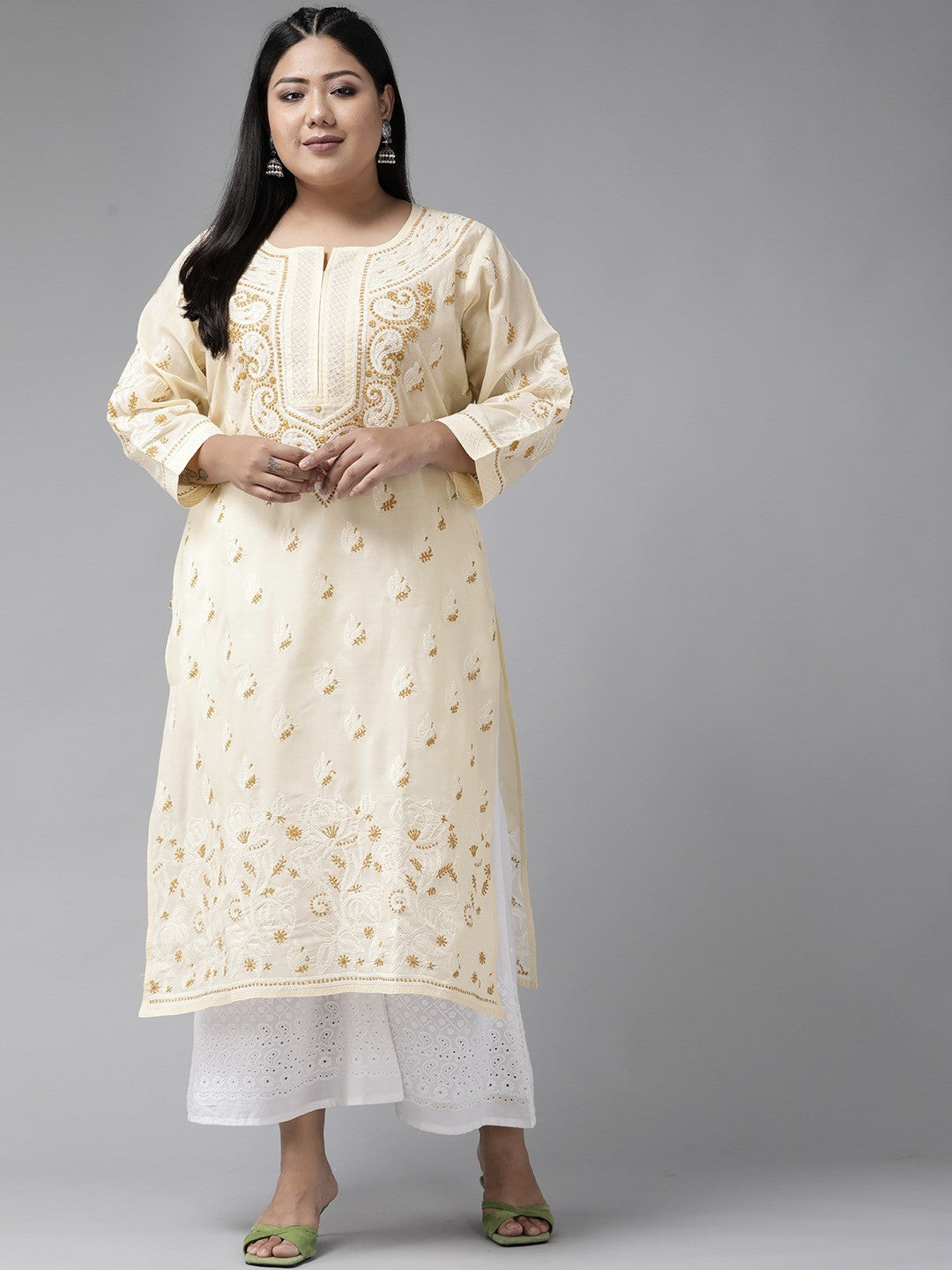 Ada Hand Embroidered Cream Cotton Lucknow Chikan Straight Kurta A411182