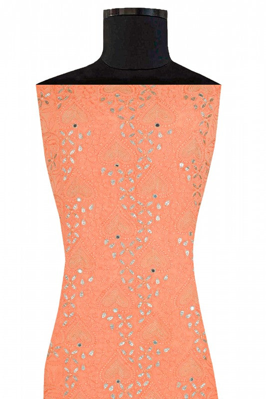 Ada Hand Embroidered Peach Georgette Chikan Unstitched Kurta Piece with Gota Patti Work A545635