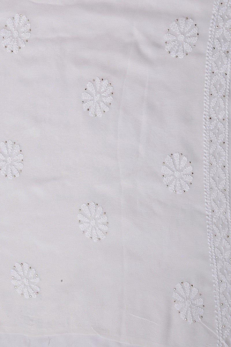 Ada Hand Embroidered White Pure Georgette Lucknowi Chikan Unstitched Kurta Dupatta with Muqaish Work– A590754