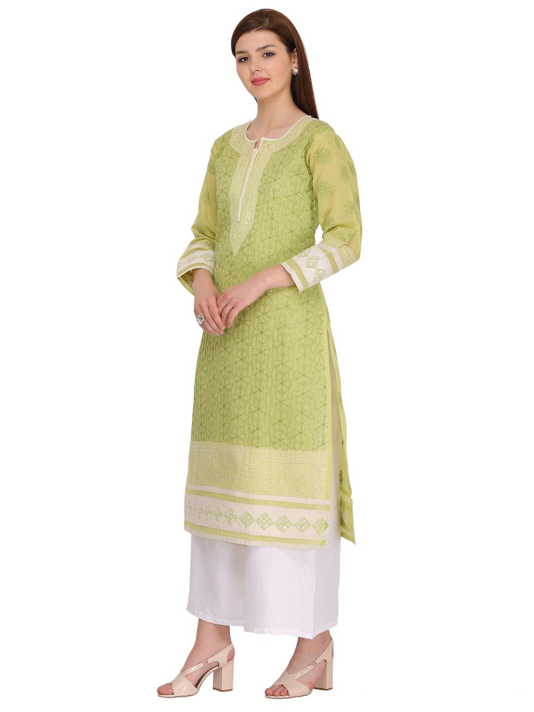 Ada Hand Embroidered Green Cotton Lucknow Chikan Straight Kurta- A282739