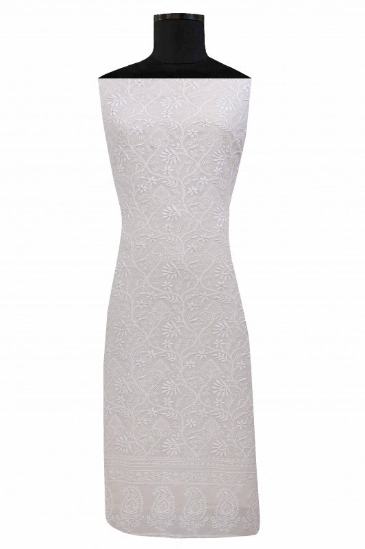 Ada Hand Embroidered White Pure Georgette Lucknowi Chikan Unstitched Kurta Dupatta Set- A511809