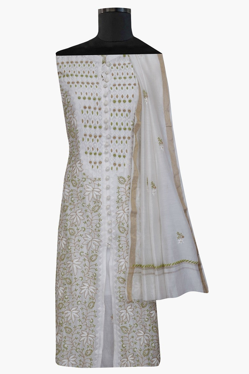 Ada Hand Embroidered Cream Chanderi Lucknowi Chikan Semi-stitched Kurta Dupatta A145991