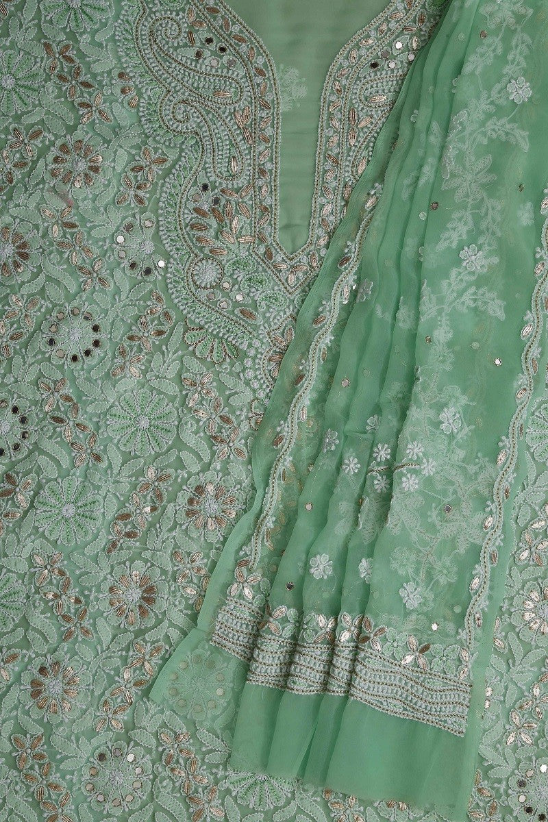 Ada Hand Embroidered Fern Green Faux Georgette Lucknowi Chikan Unstitched Kurta Dupatta Set with Gota Patti Work A465351