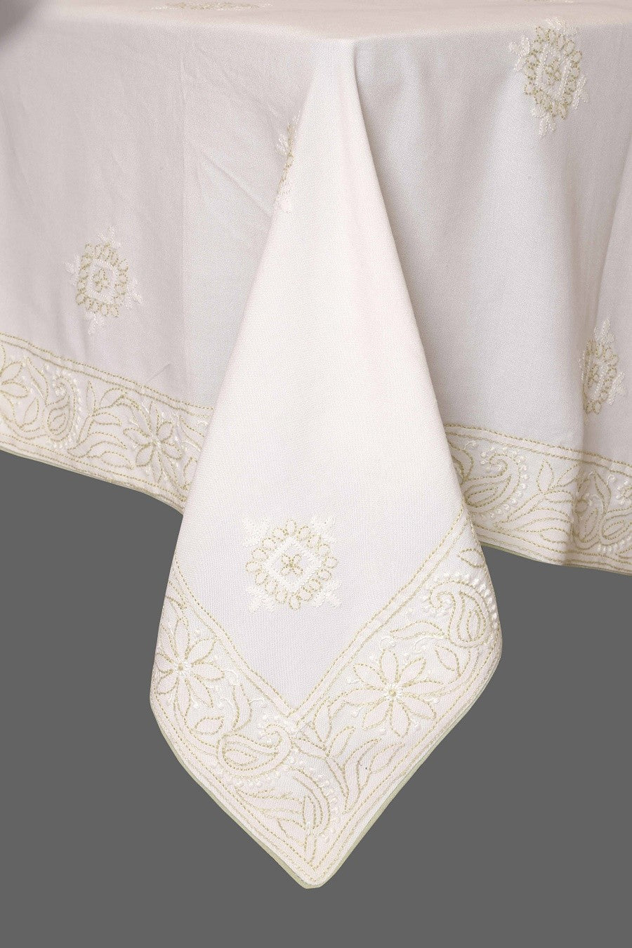 Ada Hand Embroidered White Cotton Lucknowi Chikankari Table Cover-A301047