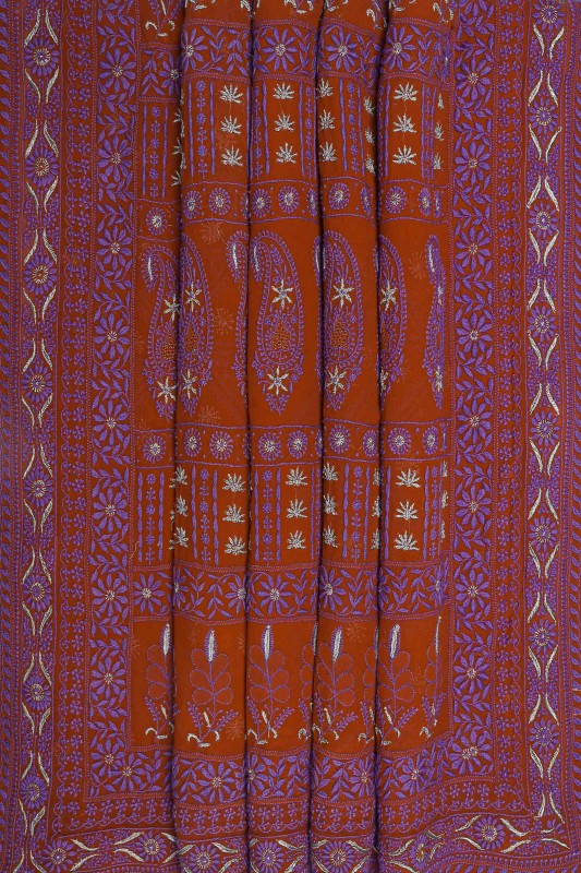 Ada Hand Embroidered Rust Pure Georgette Lucknow Chikan Saree with Blouse A108710