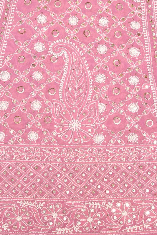 Ada Hand Embroidered Dusty Pink Pure Georgette Lucknowi Chikankari Lehenga Set With Muqaish Work A620113