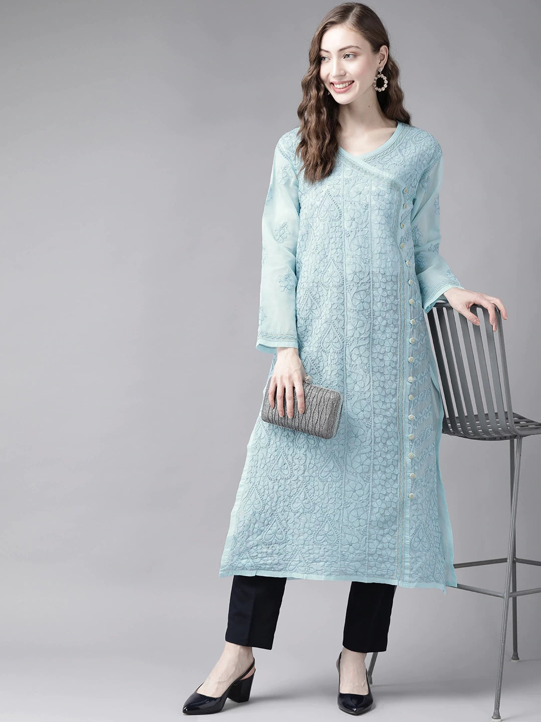 Ada Hand Embroidered Blue Cotton Lucknow Chikan Kurta A411250
