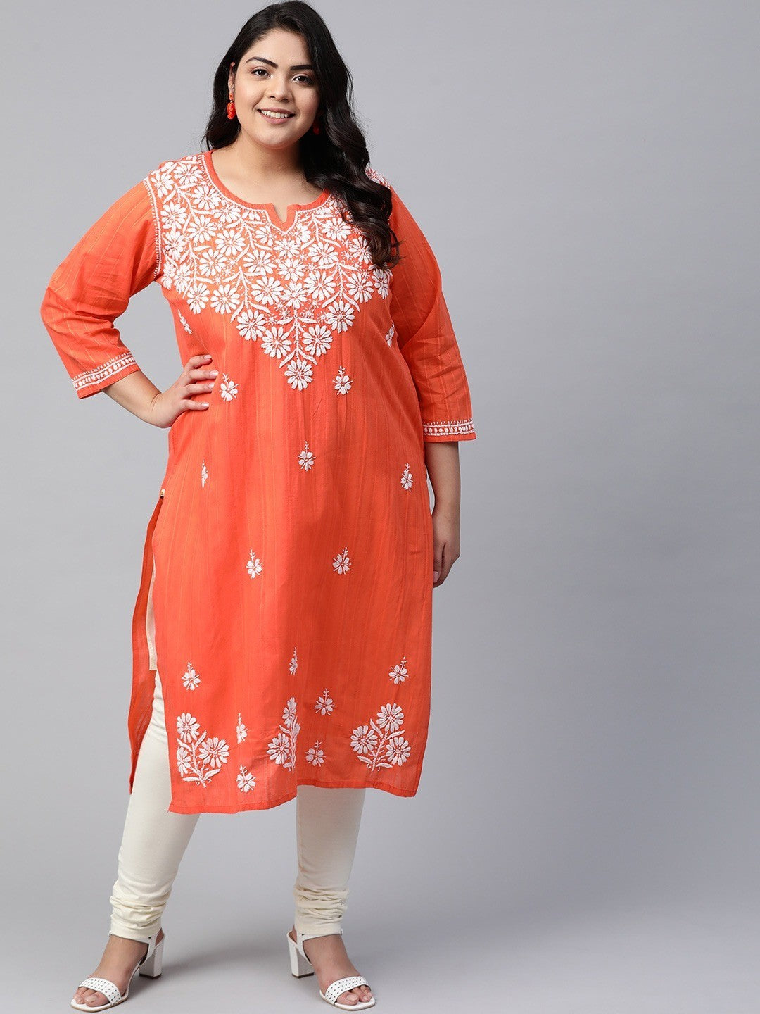 Ada Hand Embroidered Coral Orange Cotton Lucknow Chikankari Kurta A411167