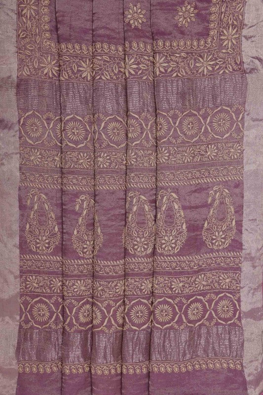 Ada Hand Embroidered Byzantium Purple Tissue Lucknowi Chikankari Saree With Blouse- A615151