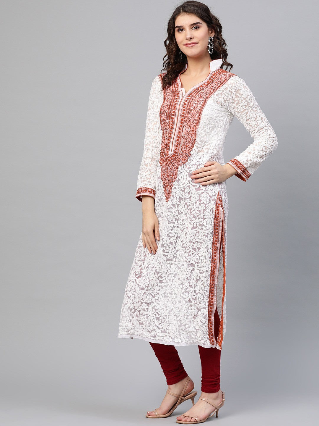Ada Hand Embroidered White Georgette Lucknow Chikan Kurta A237423