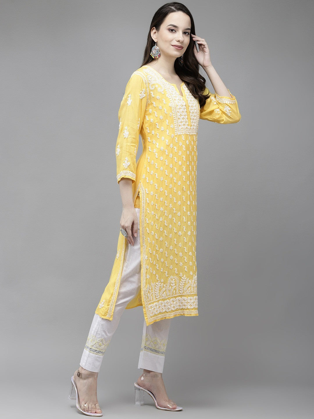 Ada Hand Embroidered Yellow Muslin Lucknowi Chikankari Kurta A411295