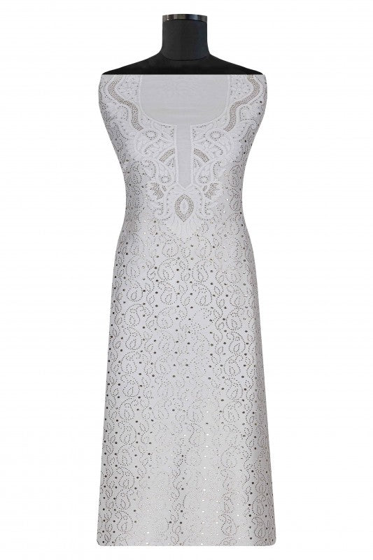 Ada Hand Embroidered White Chanderi Lucknowi Chikankari Unstitched Kurta Piece With Muqaish Work A489984