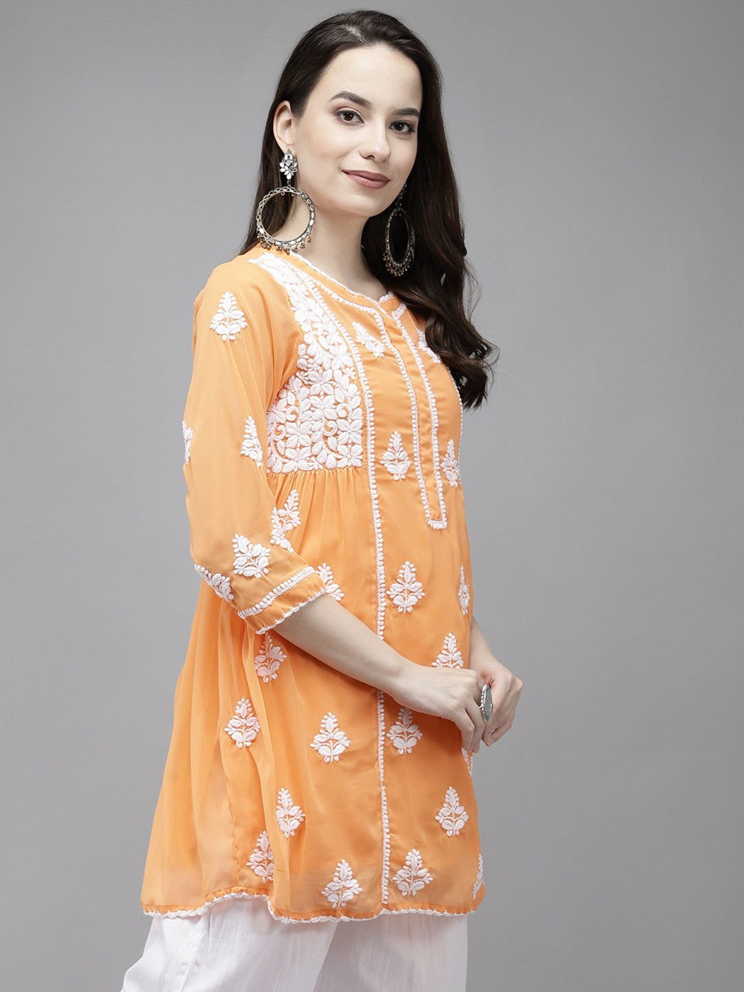 Ada Hand Embroidered Orange Georgette Lucknowi Chikankari Flared Kurti with slip A911149