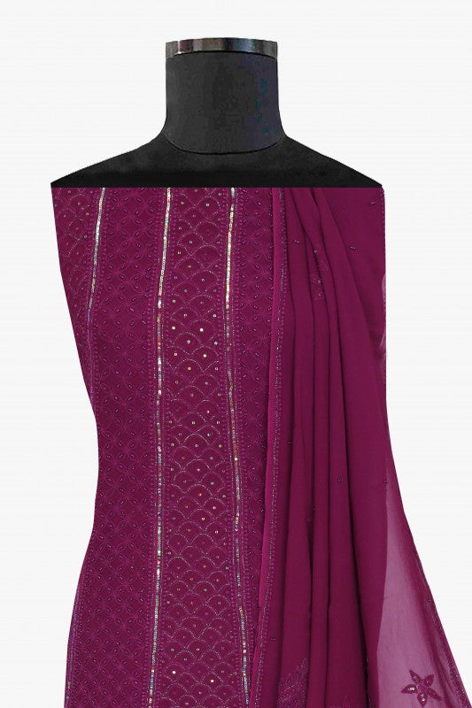 Ada Hand Embroidered Plum Purple Georgette Chikan Semi-stitched Anarkali Kurta Dupatta with Pearl/Sequinned Work A594305