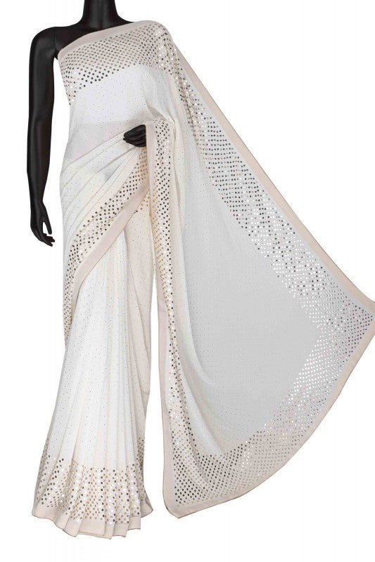 Ada Hand Embroidered Alabaster White Pure Georgette Lucknow Chikan Saree/ Blouse with Muqaish Work A490542