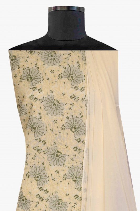 Ada Hand Embroidered Cream Cotton Lucknowi Chikan Unstitched Suit Piece- A100306