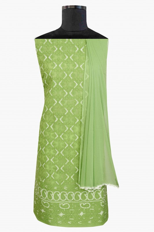 Ada Hand Embroidered Green Cotton Lucknowi Chikan Unstitched Suit Piece-A100178