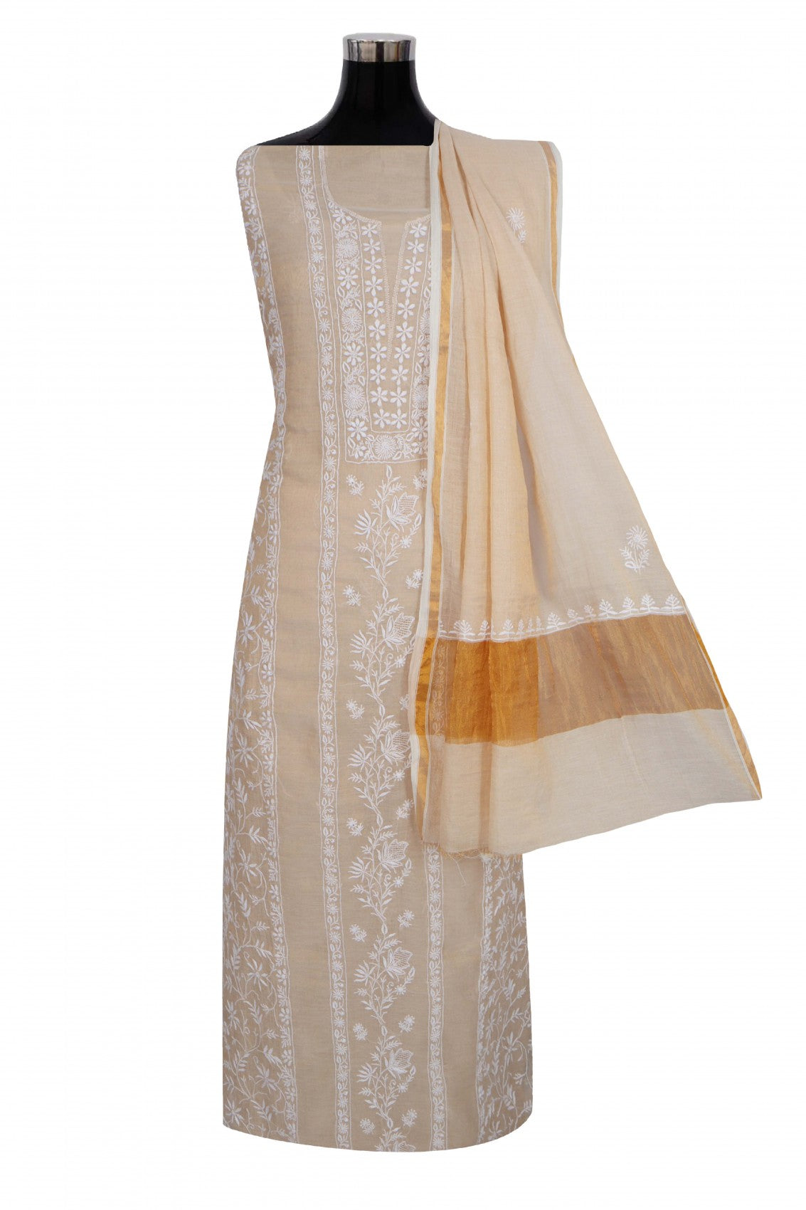 Ada Hand Embroidered Fawn Tissue Lucknowi Chikankari Unstitched Kurta Dupatta Set 01A265057
